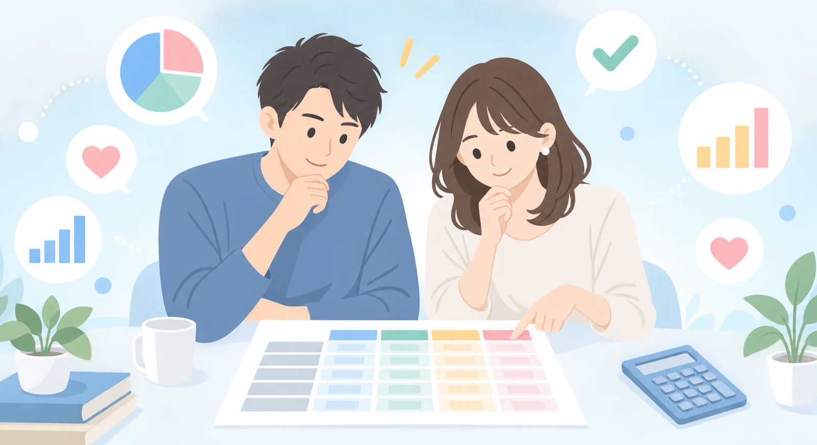 料金表を見比べている男女のイラスト